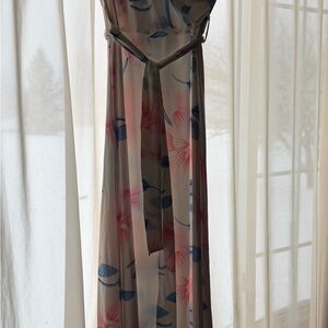 Floral Pink & Blue Maternity Dress with Waist Tie
